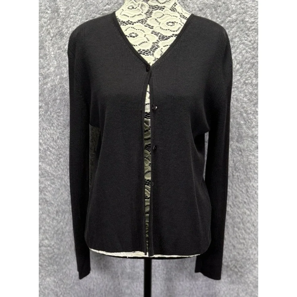 LOULOU Womens M Black Cardigan Sweater V Neck Ribbed Button Front Cotton Rayon